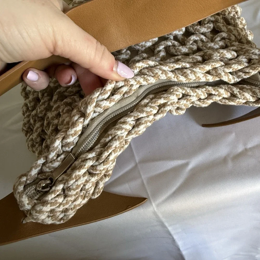 Motf Macrame Fabric Faux Leather Shoulder Hobo Bag Purse Cream Brown Handbag
